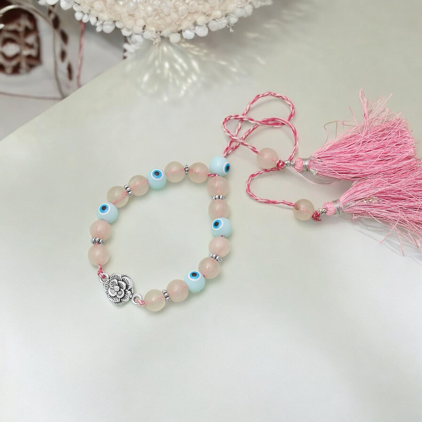 Rose Quartz & Evil Eye Chhuda Rakhi Bracelet - Love & Protection