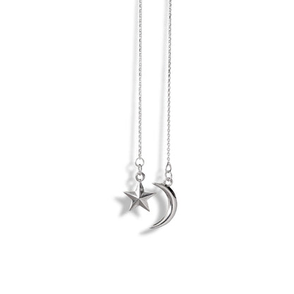 Moon-Star Silver Charm Pendant Necklace