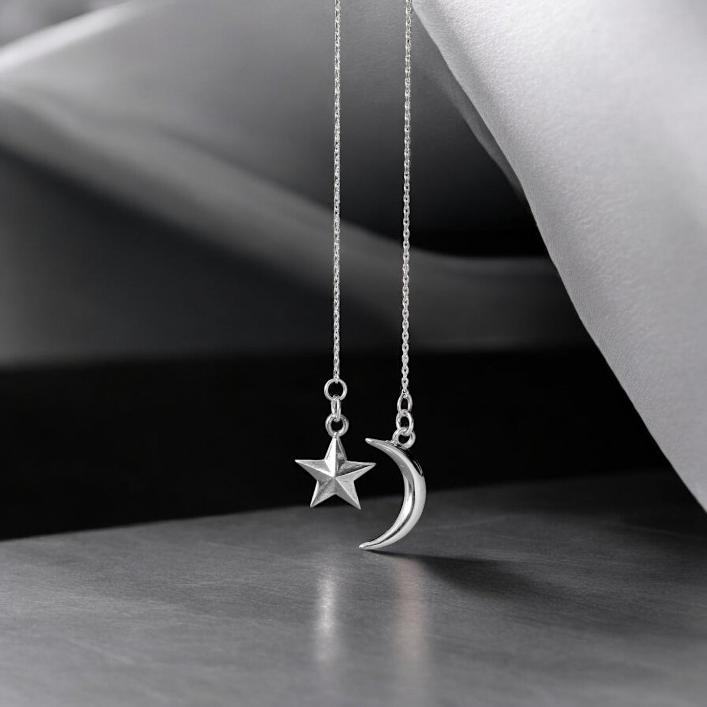 Moon-Star Silver Charm Pendant Necklace