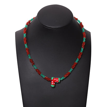 Green Onyx and Carnelian Necklace with Jolly Santa Shoe Charm – Christmas Festive Beaded Jewelry