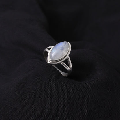 Elegant Blue Flashy Marquise Shape Rainbow Moonstone Sterling Silver Ring – Handmade Gemstone Jewelry for Feminine Energy & Inner Clarity