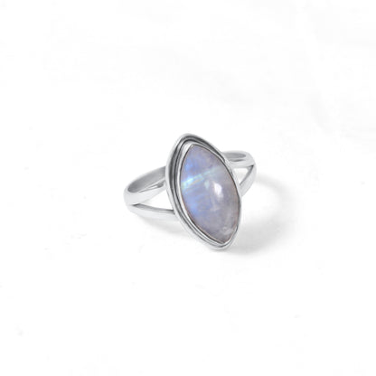 Elegant Blue Flashy Marquise Shape Rainbow Moonstone Sterling Silver Ring – Handmade Gemstone Jewelry for Feminine Energy & Inner Clarity