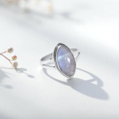Elegant Blue Flashy Marquise Shape Rainbow Moonstone Sterling Silver Ring – Handmade Gemstone Jewelry for Feminine Energy & Inner Clarity