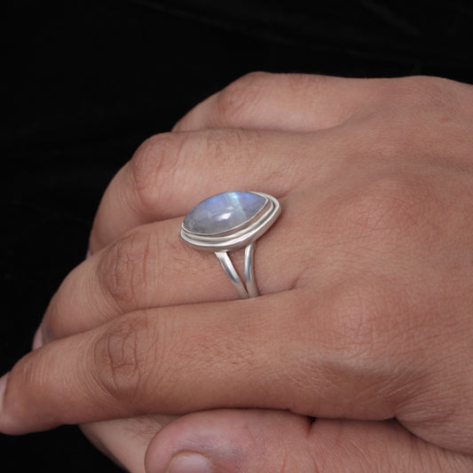 Elegant Blue Flashy Marquise Shape Rainbow Moonstone Sterling Silver Ring – Handmade Gemstone Jewelry for Feminine Energy & Inner Clarity