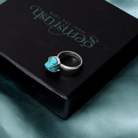 925 Sterling Silver Raw Natural Turquoise Ring – Unisex Handmade Healing Gemstone Jewelry for Protection & Clarity