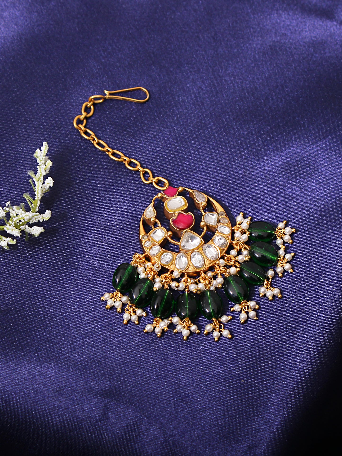 Enthralling Ethnic Maang Tikka : Simulated Ruby, Faux Diamonds & Quartz Emerald