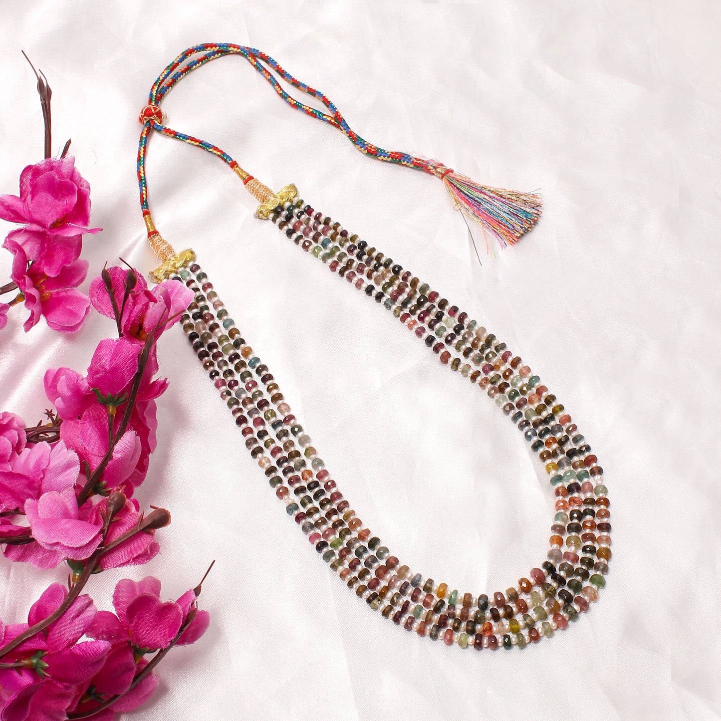 Natural Multi Tourmaline & Pearl Layered Sarafa/Necklace – Elegant Fusion of Color and Grace