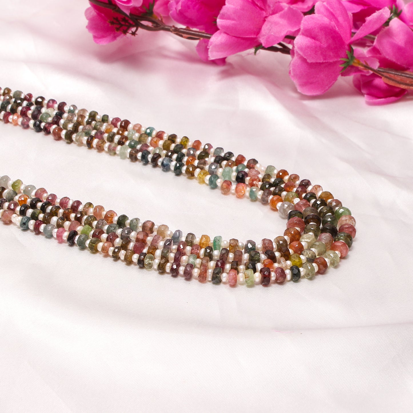 Natural Multi Tourmaline & Pearl Layered Sarafa/Necklace – Elegant Fusion of Color and Grace