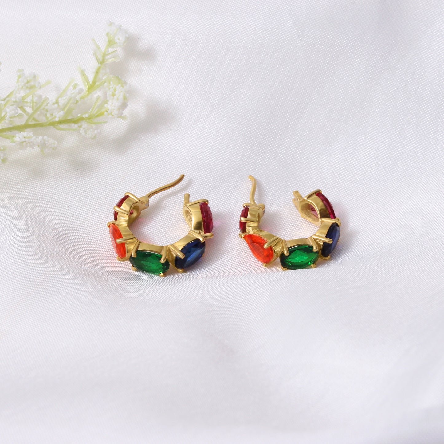 Multi Gemstone Quartz Hoop Earrings – Colorful Gold-Plated Statement Hoops for Women