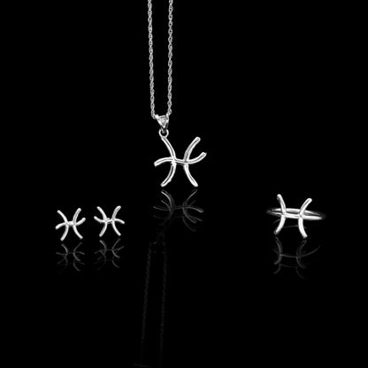 Pisces Zodiac Jewelry Set – Sterling Silver Pendant Necklace, Earrings & Ring | Astrology Gift for Women