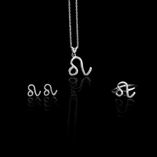 Leo Zodiac Jewelry Set – Sterling Silver Pendant Necklace, Earrings & Ring | Astrology Gift for Women