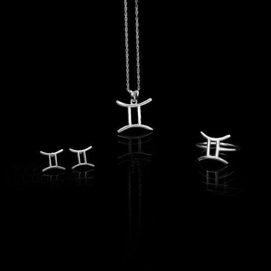Gemini Zodiac Jewelry Set – Sterling Silver Ring, Earrings & Pendant Necklace | Cosmic Gift for Astrology Lovers