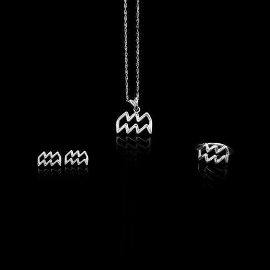 Aquarius Zodiac Jewelry Set – Sterling Silver Ring, Earrings & Pendant | Astrology Gift for Aquarius