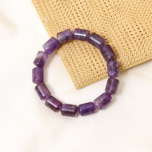 Natural Amethyst Plain Barrel Stretch Bead Bracelet – Handmade Healing Crystal Jewelry for Calm & Spiritual Balance