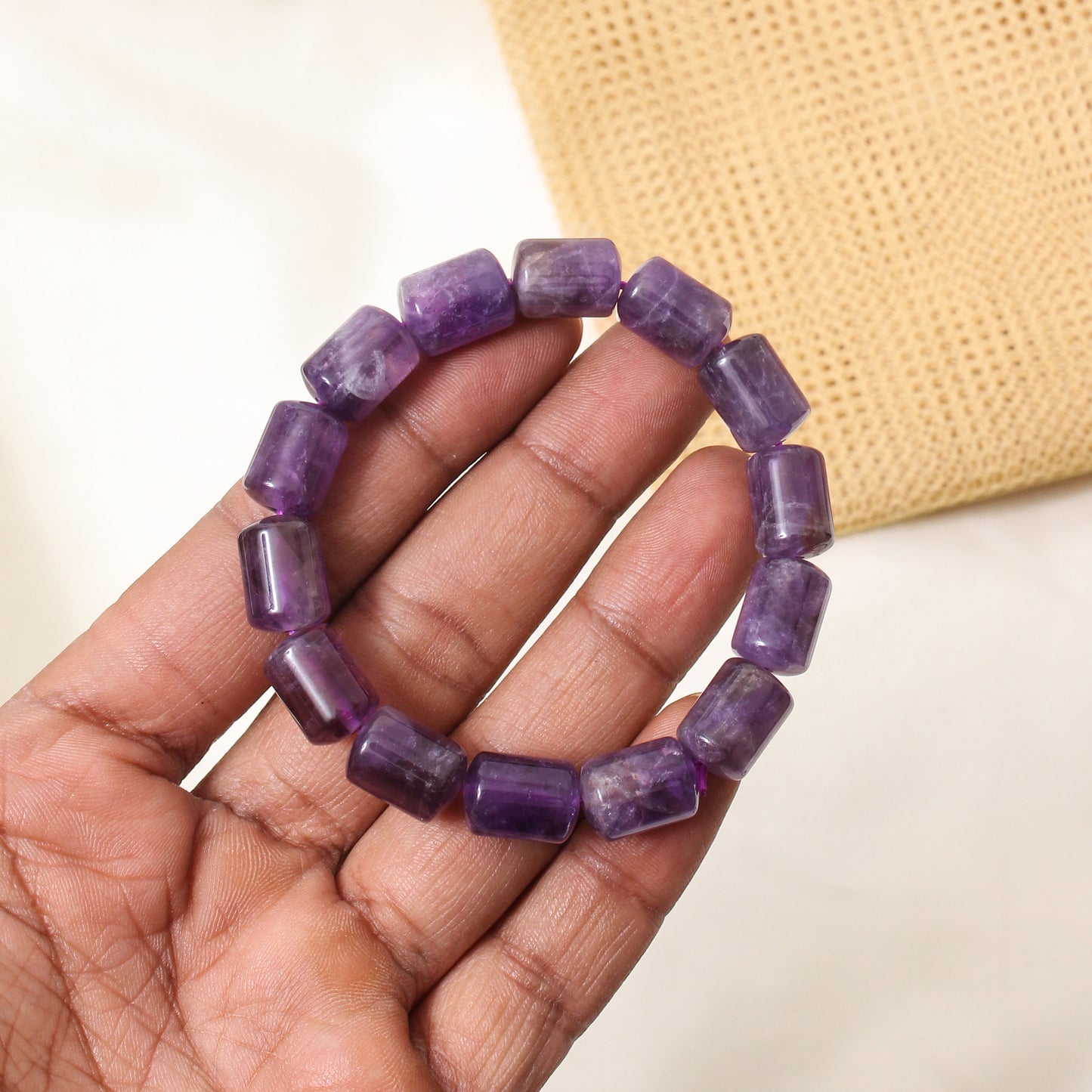 Natural Amethyst Plain Barrel Stretch Bead Bracelet – Handmade Healing Crystal Jewelry for Calm & Spiritual Balance