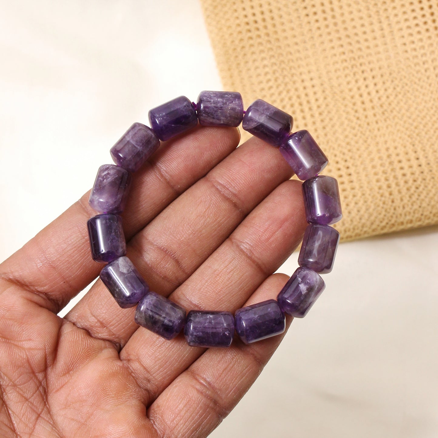 Natural Amethyst Plain Barrel Stretch Bead Bracelet – Handmade Healing Crystal Jewelry for Calm & Spiritual Balance