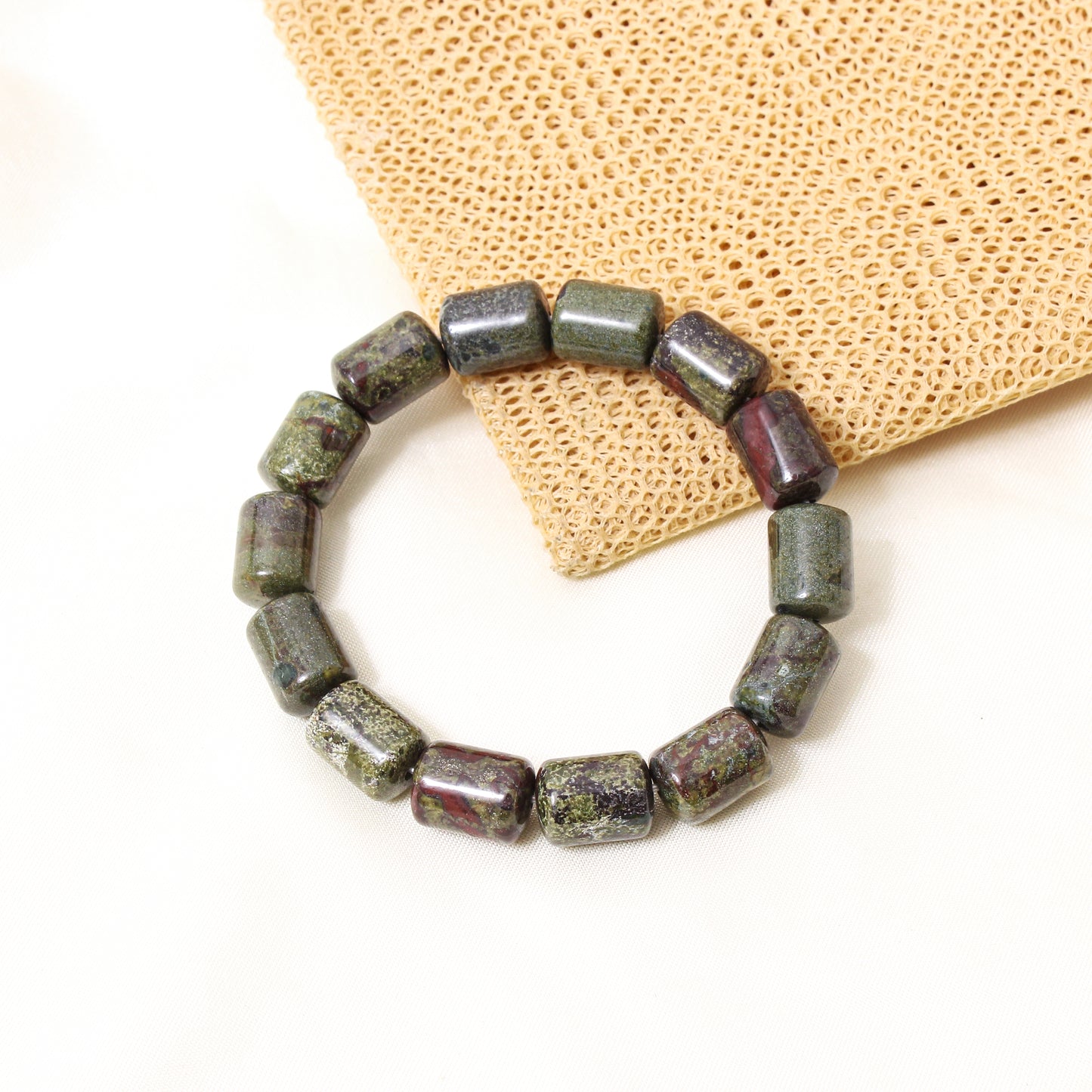 Natural Green Red Jasper Barrel Stretch Bracelet | Handmade Dragon Blood Jasper Gemstone Beaded Bracelet