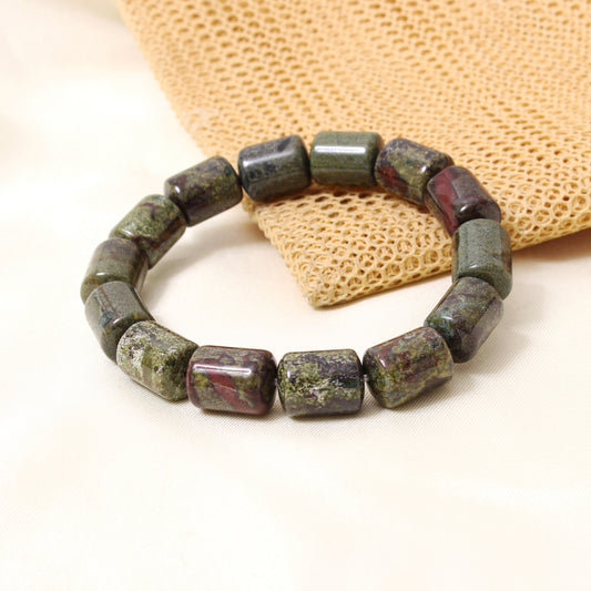 Natural Green Red Jasper Barrel Stretch Bracelet | Handmade Dragon Blood Jasper Gemstone Beaded Bracelet