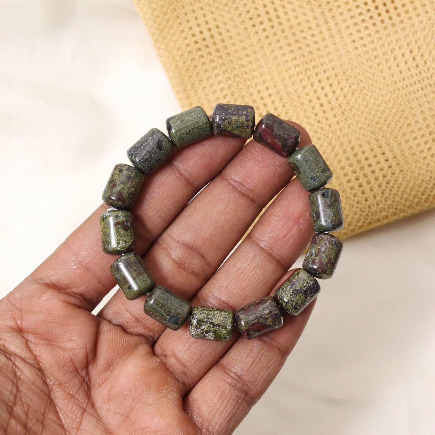 Natural Green Red Jasper Barrel Stretch Bracelet | Handmade Dragon Blood Jasper Gemstone Beaded Bracelet