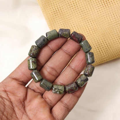 Natural Green Red Jasper Barrel Stretch Bracelet | Handmade Dragon Blood Jasper Gemstone Beaded Bracelet