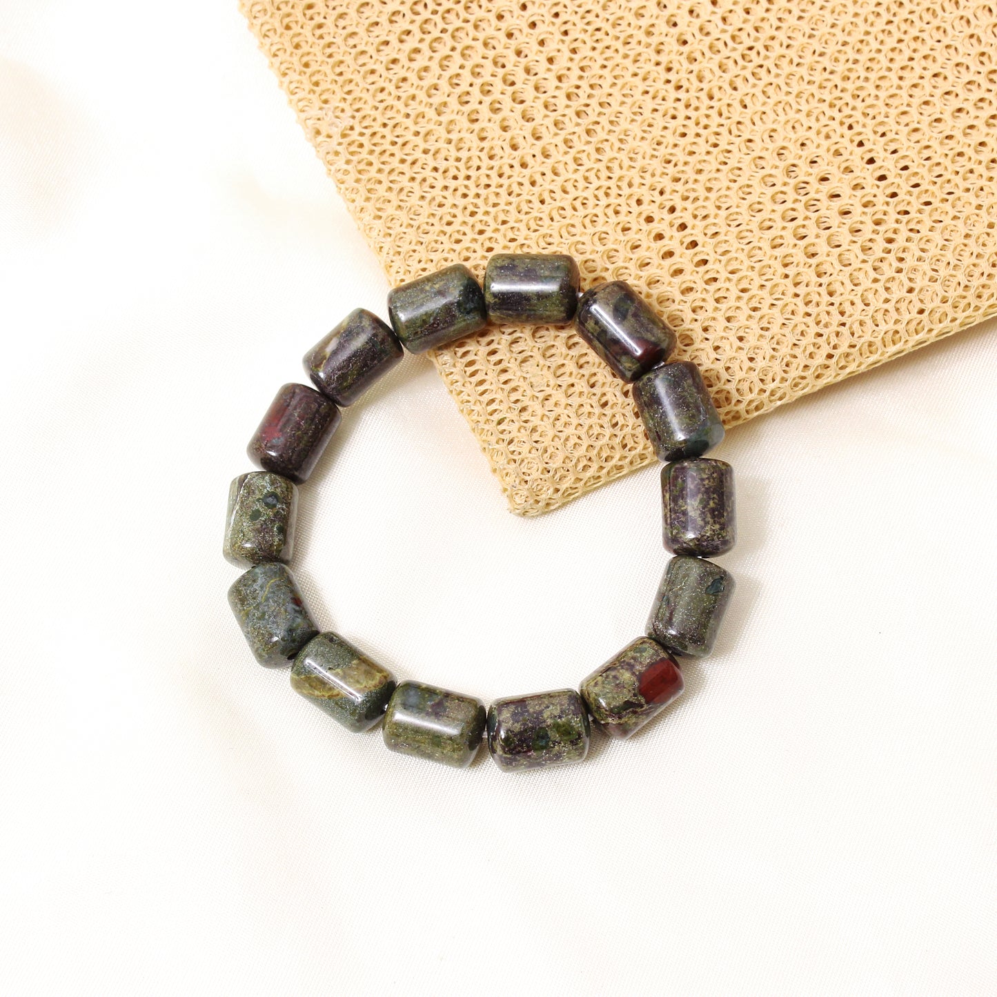 Natural Green Red Jasper Barrel Stretch Bracelet | Handmade Dragon Blood Jasper Gemstone Beaded Bracelet