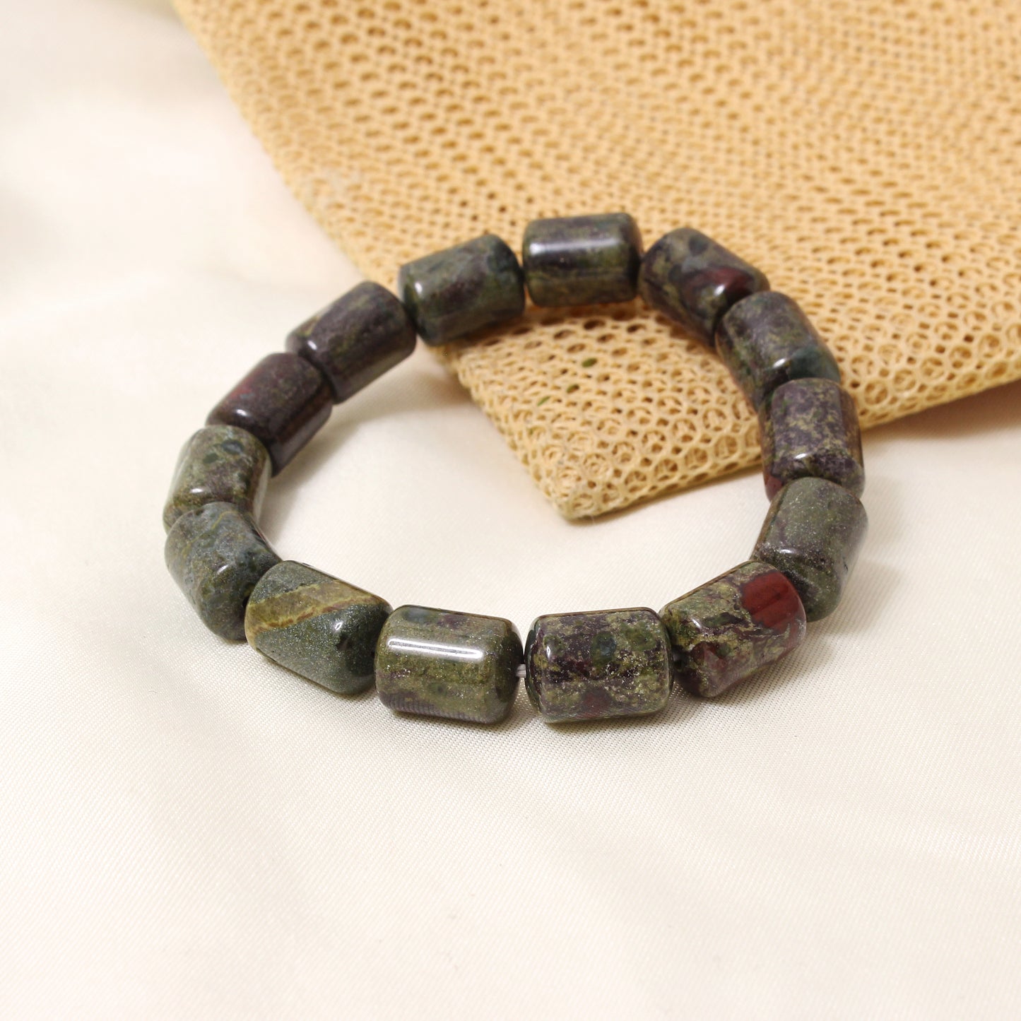 Natural Green Red Jasper Barrel Stretch Bracelet | Handmade Dragon Blood Jasper Gemstone Beaded Bracelet