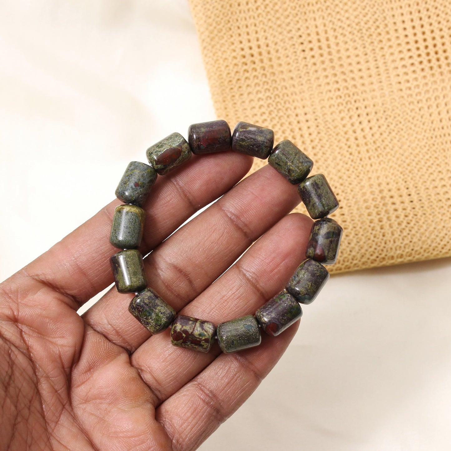 Natural Green Red Jasper Barrel Stretch Bracelet | Handmade Dragon Blood Jasper Gemstone Beaded Bracelet