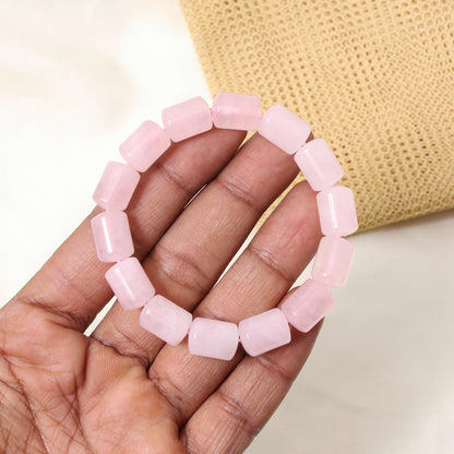 Natural Rose Quartz Plain Barrel Stretch Bead Bracelet – Handmade Love & Healing Crystal Jewelry