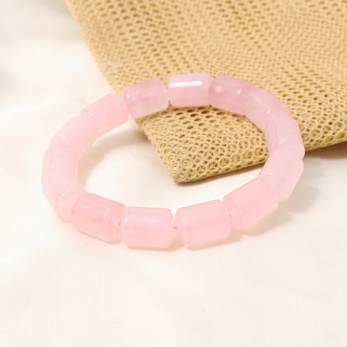 Natural Rose Quartz Plain Barrel Stretch Bead Bracelet – Handmade Love & Healing Crystal Jewelry