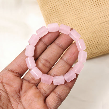 Natural Rose Quartz Plain Barrel Stretch Bead Bracelet – Handmade Love & Healing Crystal Jewelry