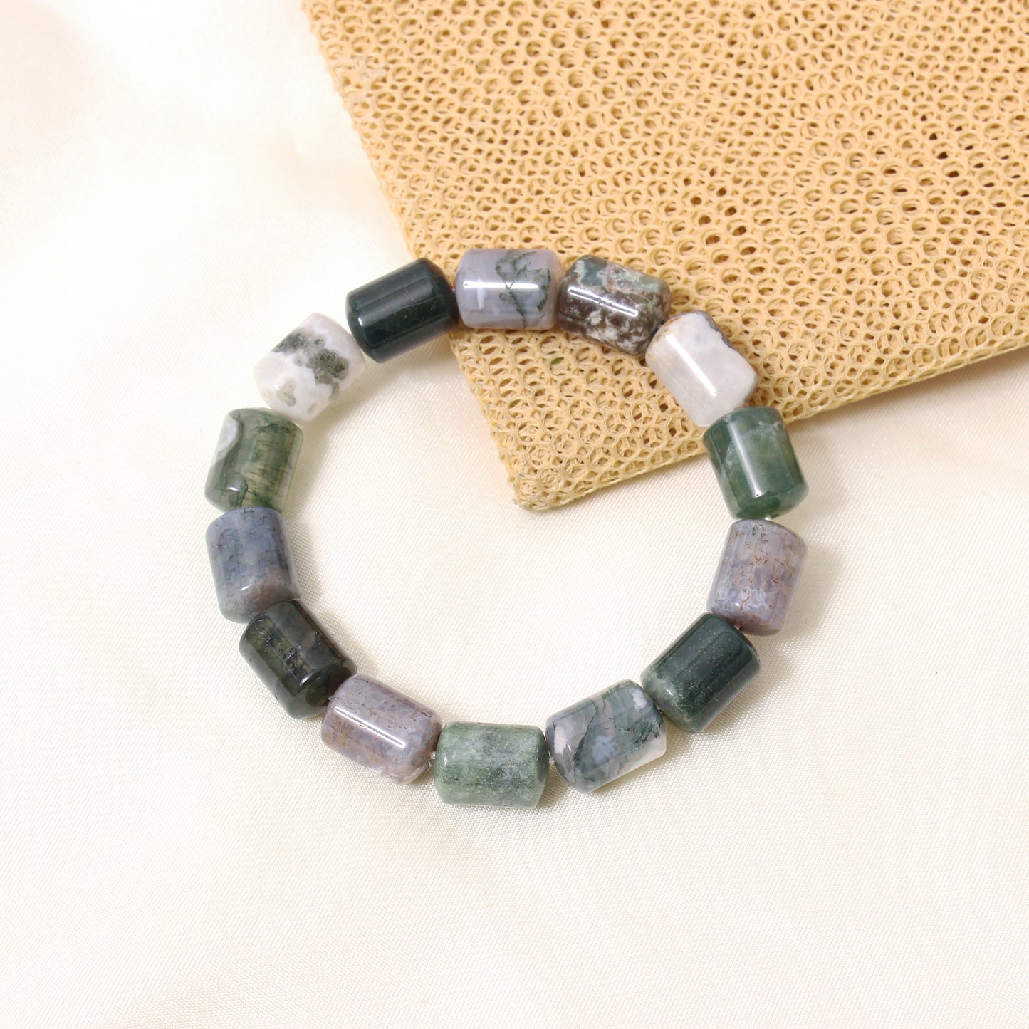 Natural Moss Agate Plain Barrel Stretch Bead Bracelet – Handmade Healing Crystal Bracelet for Growth & Balance