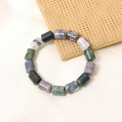 Natural Moss Agate Plain Barrel Stretch Bead Bracelet – Handmade Healing Crystal Bracelet for Growth & Balance