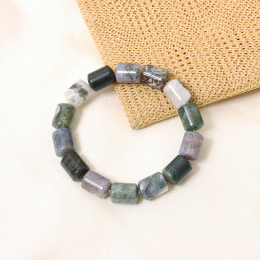 Natural Moss Agate Plain Barrel Stretch Bead Bracelet – Handmade Healing Crystal Bracelet for Growth & Balance