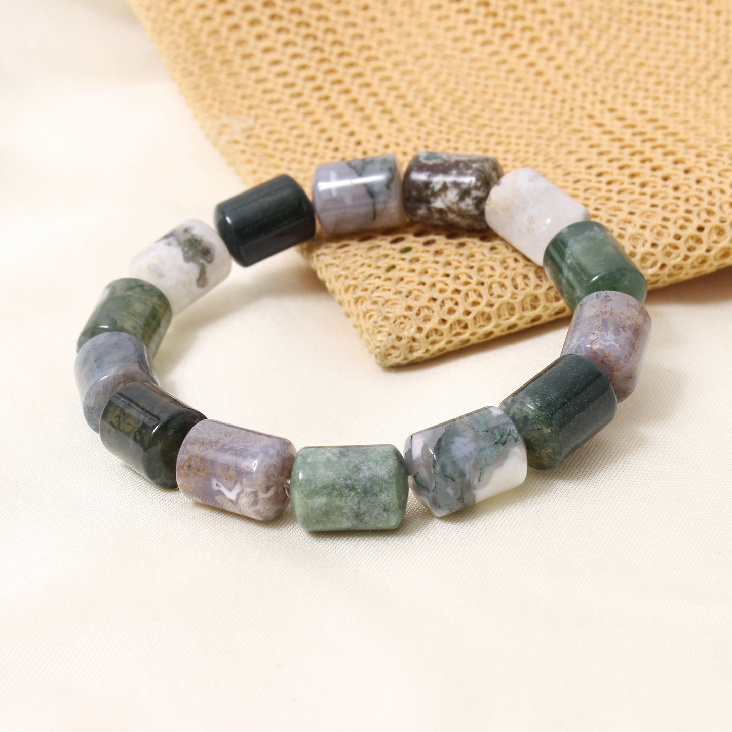 Natural Moss Agate Plain Barrel Stretch Bead Bracelet – Handmade Healing Crystal Bracelet for Growth & Balance