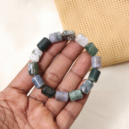 Natural Moss Agate Plain Barrel Stretch Bead Bracelet – Handmade Healing Crystal Bracelet for Growth & Balance