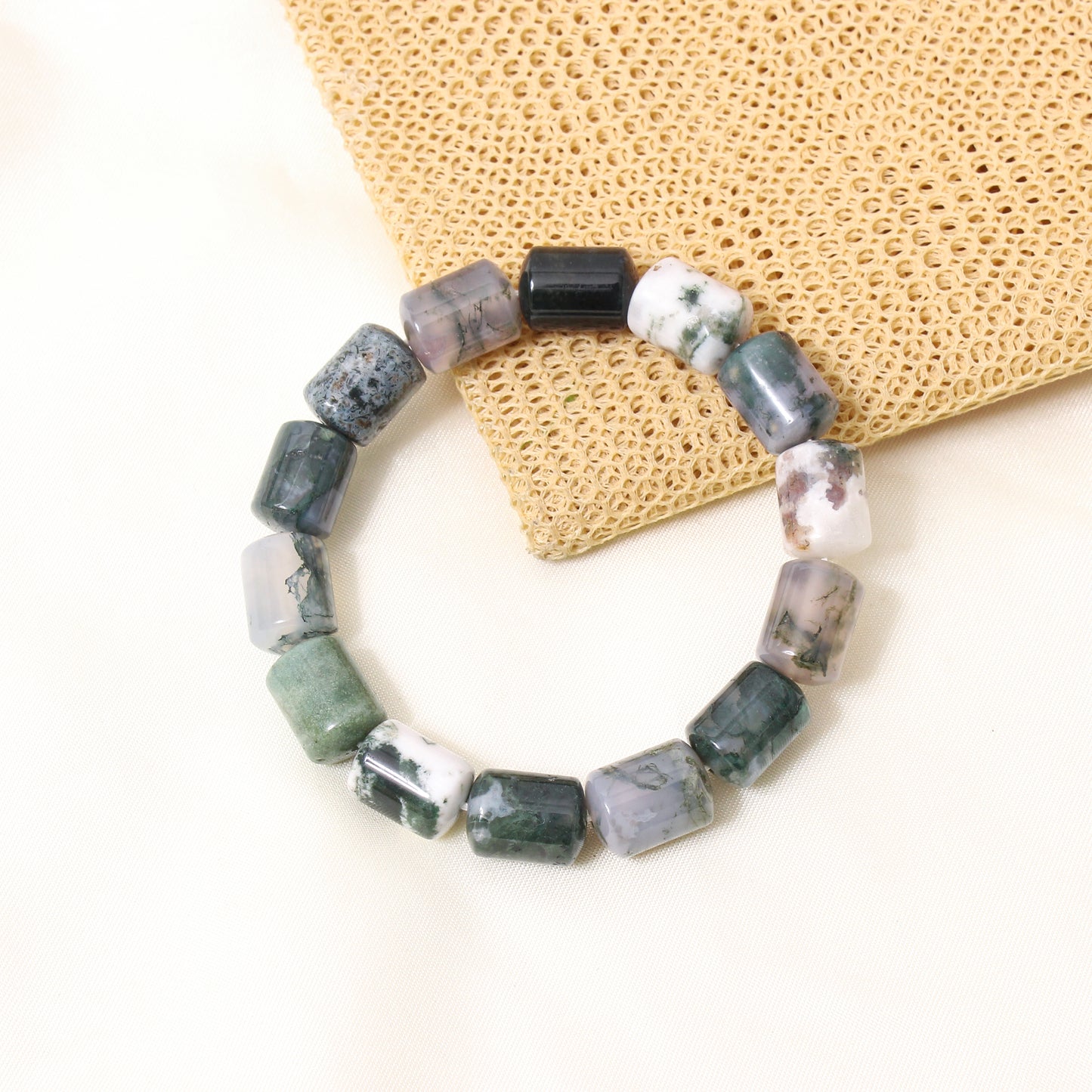 Natural Moss Agate Plain Barrel Stretch Bead Bracelet – Handmade Healing Crystal Bracelet for Growth & Balance