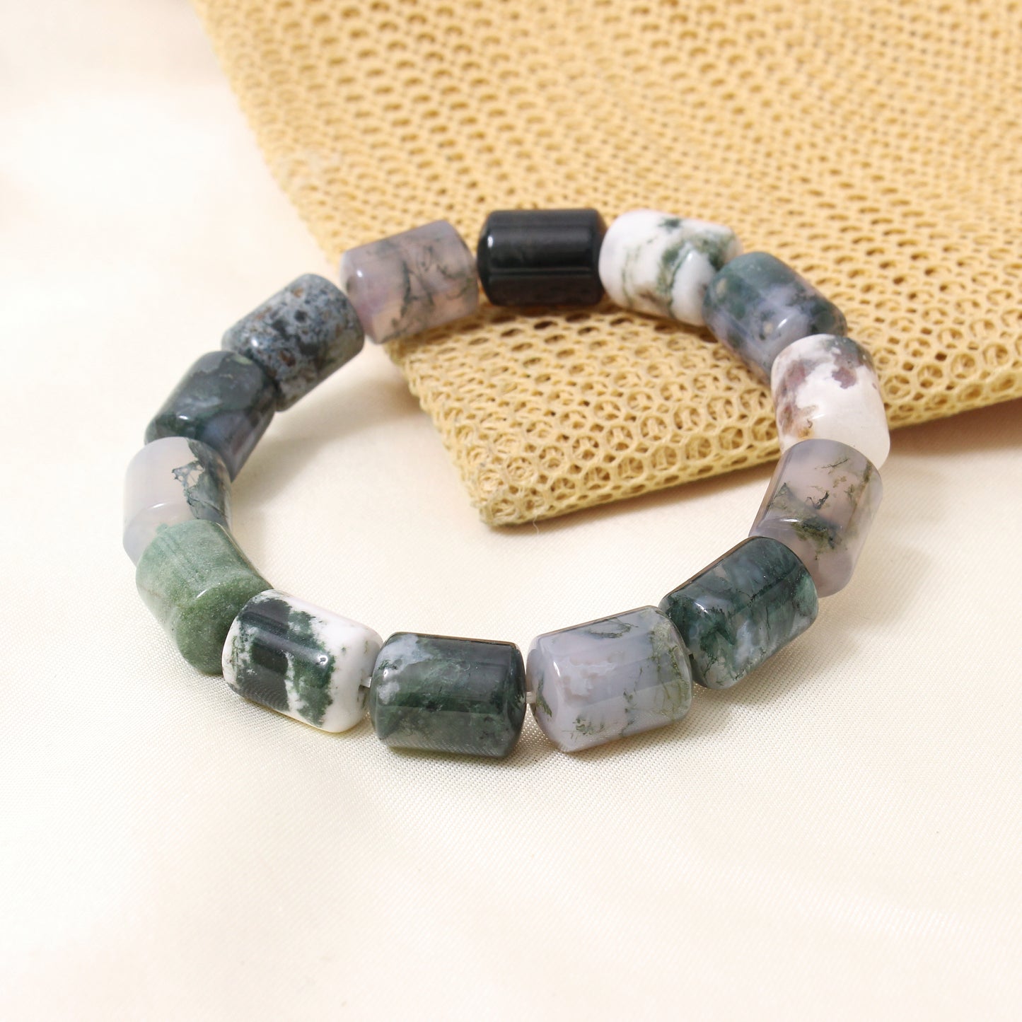 Natural Moss Agate Plain Barrel Stretch Bead Bracelet – Handmade Healing Crystal Bracelet for Growth & Balance