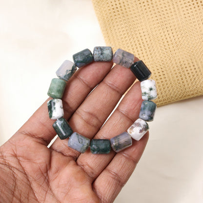 Natural Moss Agate Plain Barrel Stretch Bead Bracelet – Handmade Healing Crystal Bracelet for Growth & Balance