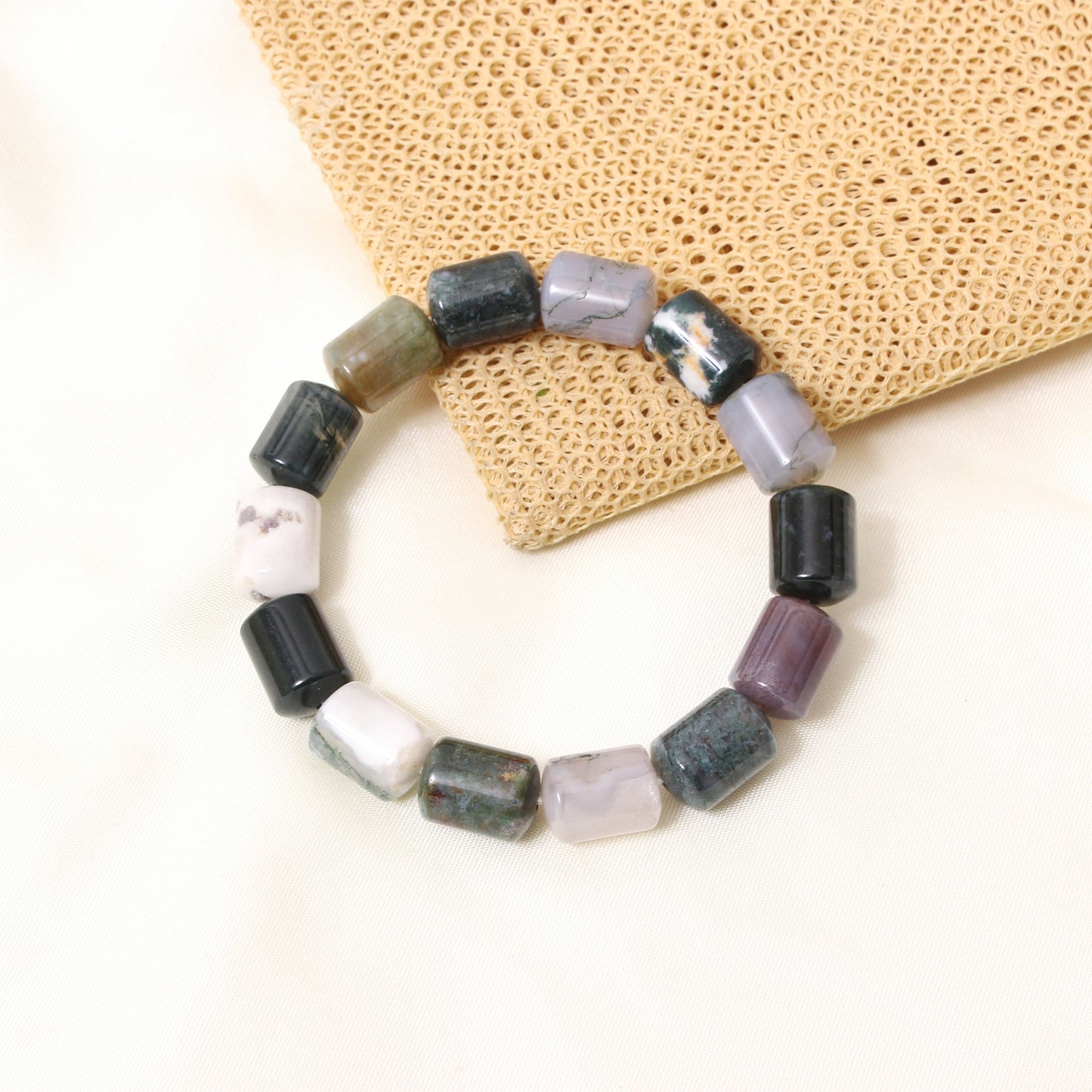 Natural Moss Agate Plain Barrel Stretch Bead Bracelet – Handmade Healing Crystal Bracelet for Growth & Balance