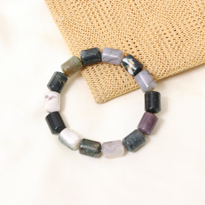 Natural Moss Agate Plain Barrel Stretch Bead Bracelet – Handmade Healing Crystal Bracelet for Growth & Balance
