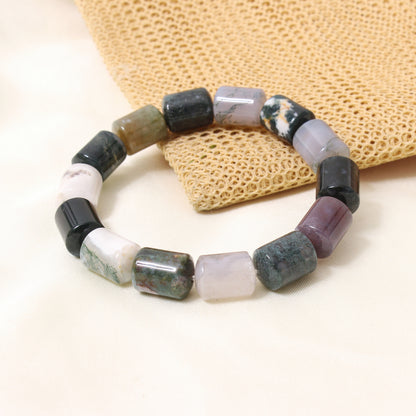 Natural Moss Agate Plain Barrel Stretch Bead Bracelet – Handmade Healing Crystal Bracelet for Growth & Balance