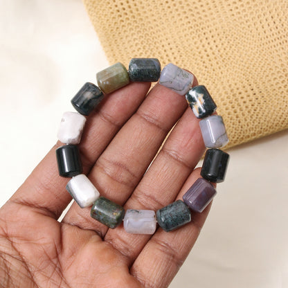 Natural Moss Agate Plain Barrel Stretch Bead Bracelet – Handmade Healing Crystal Bracelet for Growth & Balance