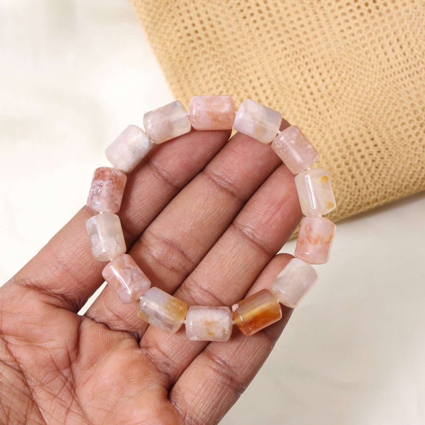 Natural Agate Plain Barrel Stretch Bead Bracelet – Handmade Healing Crystal Bracelet for Balance & Positivity
