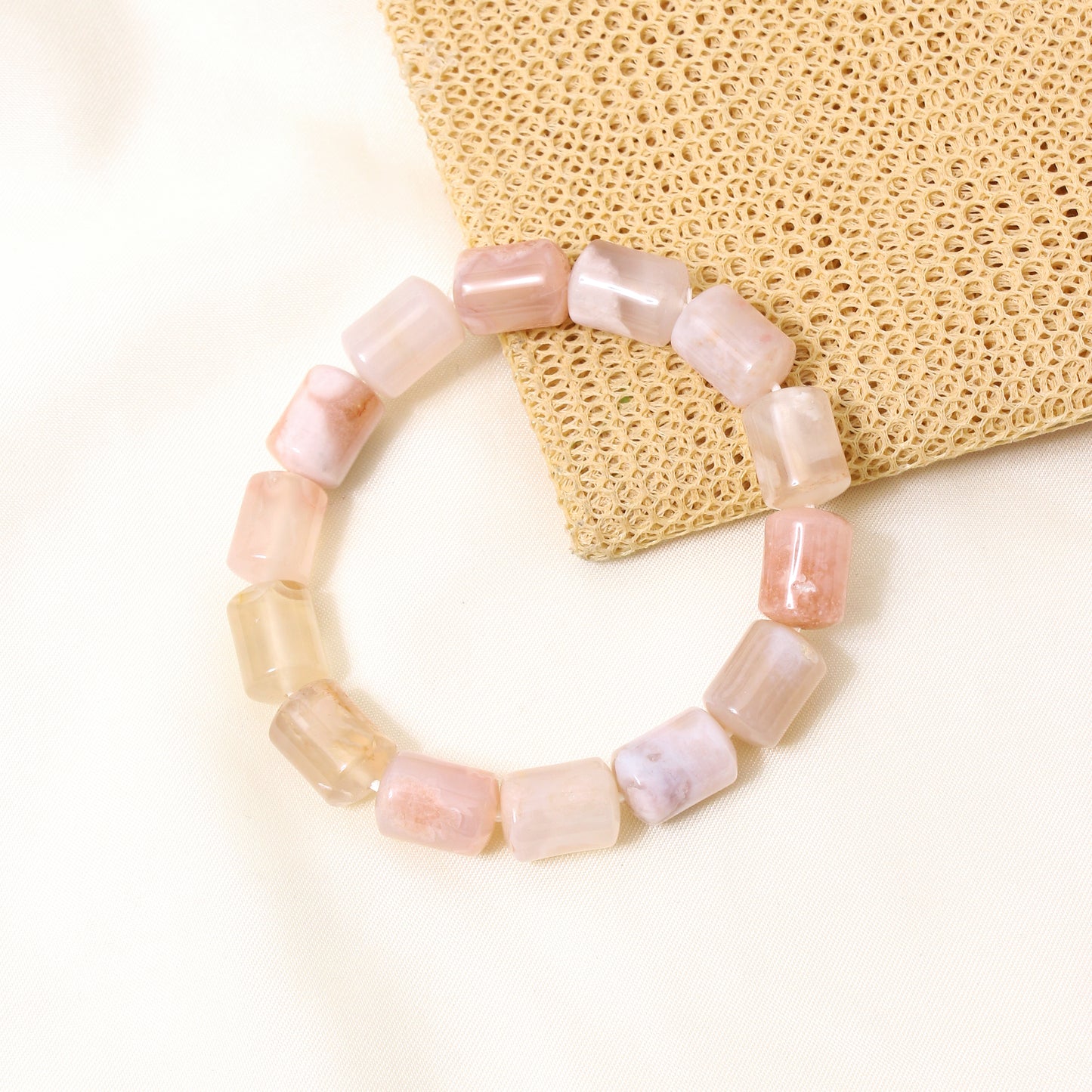 Natural Agate Plain Barrel Stretch Bead Bracelet – Handmade Healing Crystal Bracelet for Balance & Positivity