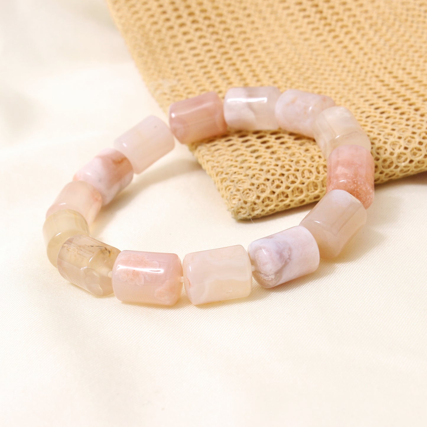 Natural Agate Plain Barrel Stretch Bead Bracelet – Handmade Healing Crystal Bracelet for Balance & Positivity
