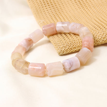 Natural Agate Plain Barrel Stretch Bead Bracelet – Handmade Healing Crystal Bracelet for Balance & Positivity