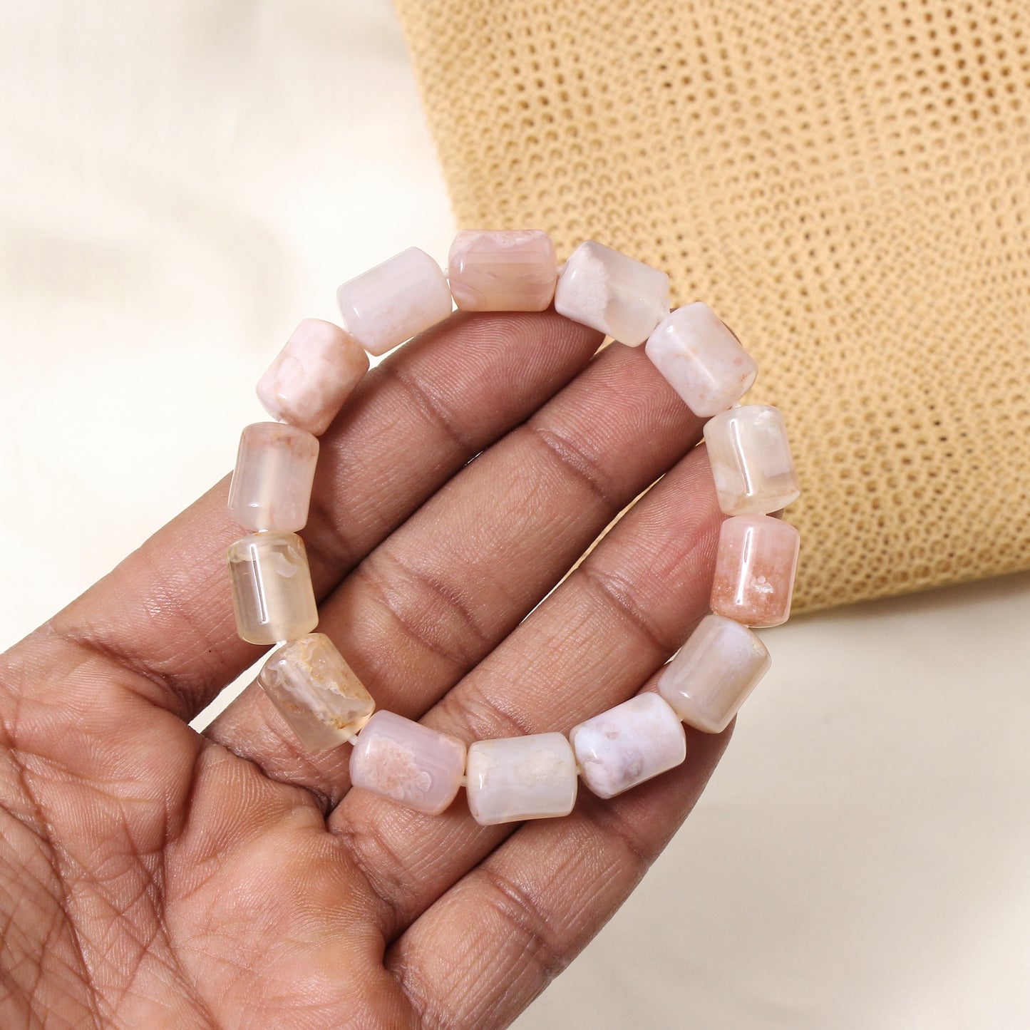 Natural Agate Plain Barrel Stretch Bead Bracelet – Handmade Healing Crystal Bracelet for Balance & Positivity