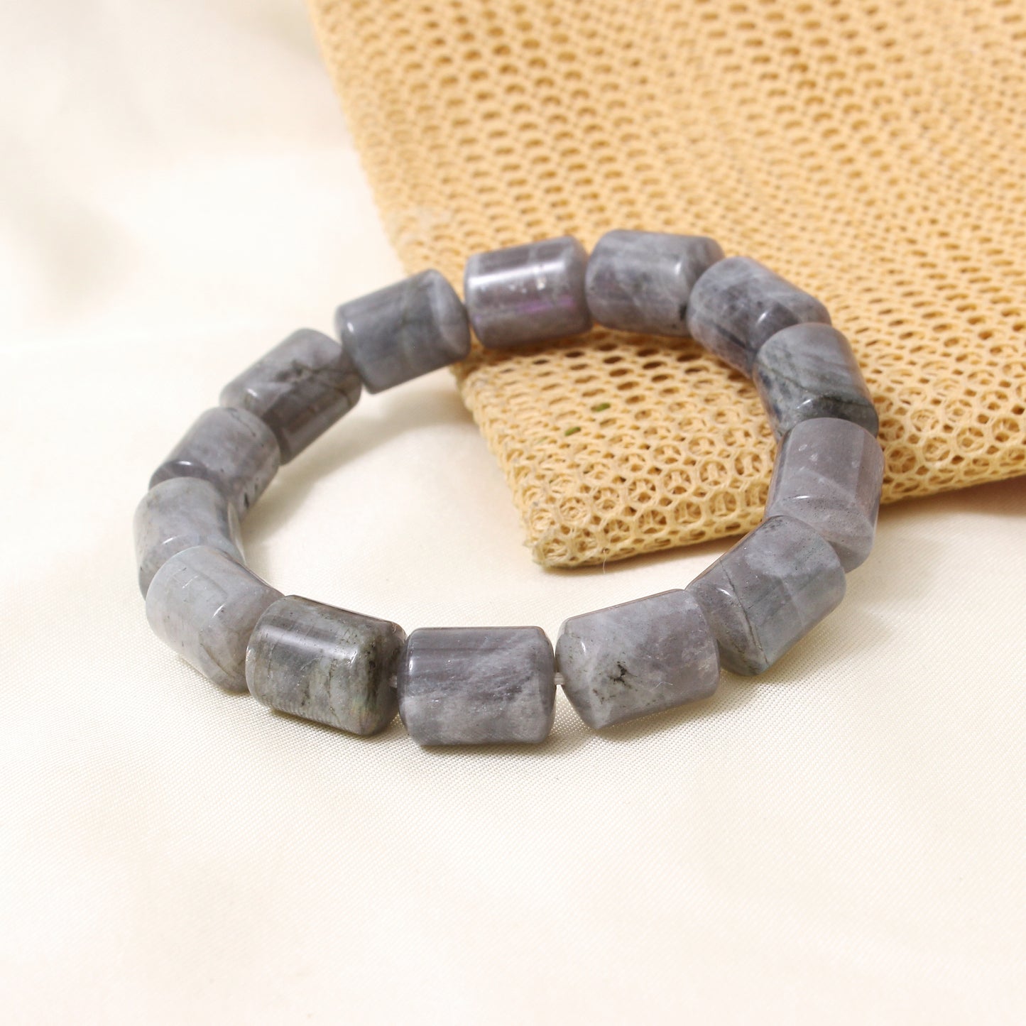 Natural Labradorite Plain Barrel Stretch Bead Bracelet – Handmade Protection & Intuition Crystal Jewelry