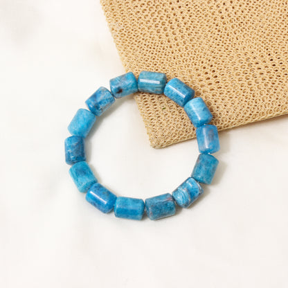 Natural Blue Apatite Plain Barrel Stretch Bead Bracelet – Handmade Healing Crystal Jewelry for Clarity & Confidence