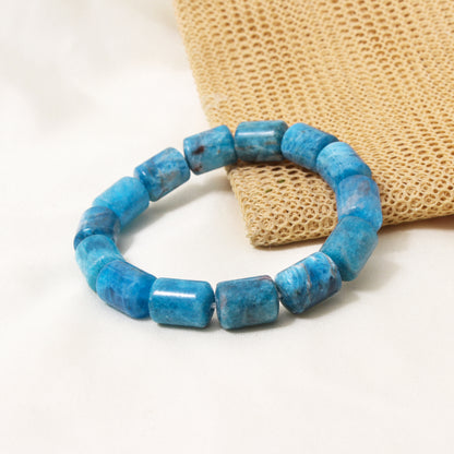 Natural Blue Apatite Plain Barrel Stretch Bead Bracelet – Handmade Healing Crystal Jewelry for Clarity & Confidence